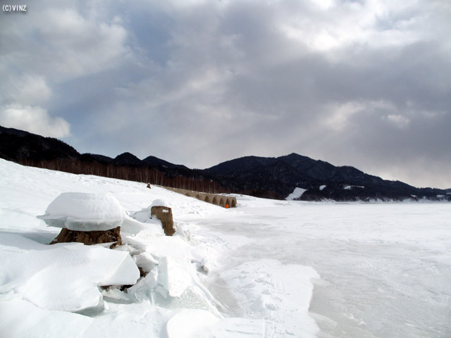 雪景色 北海道 糠平湖 切り株の上に氷が乗っている様を「きのこ氷」と呼ばれる。
